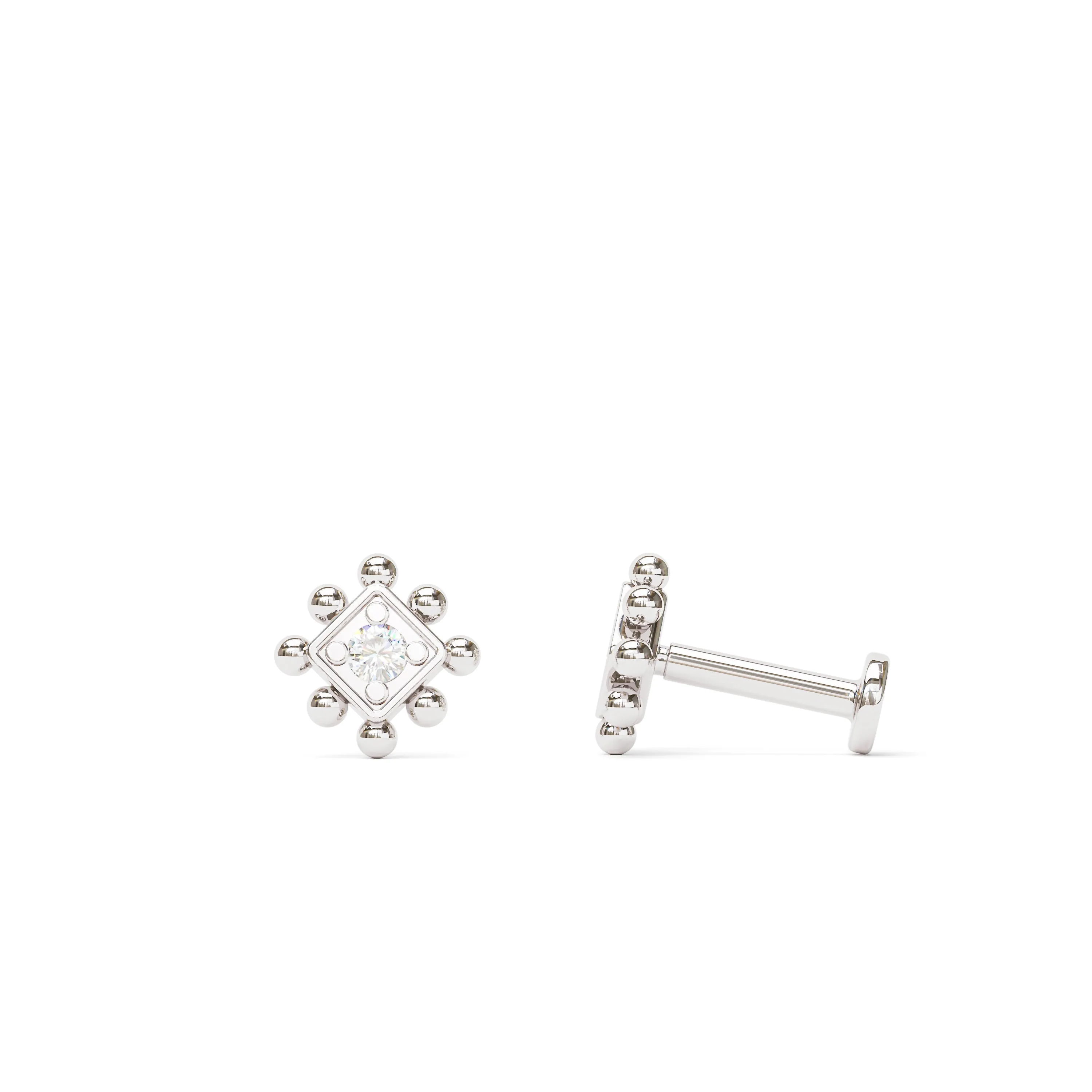 14K Gold Diamond Beaded Square Stud