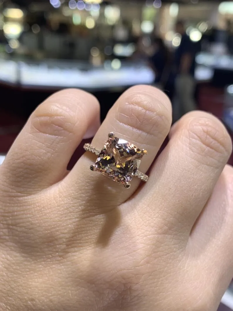 14K Gold Diamond Ring with 4ct Cushion Morganite Ring