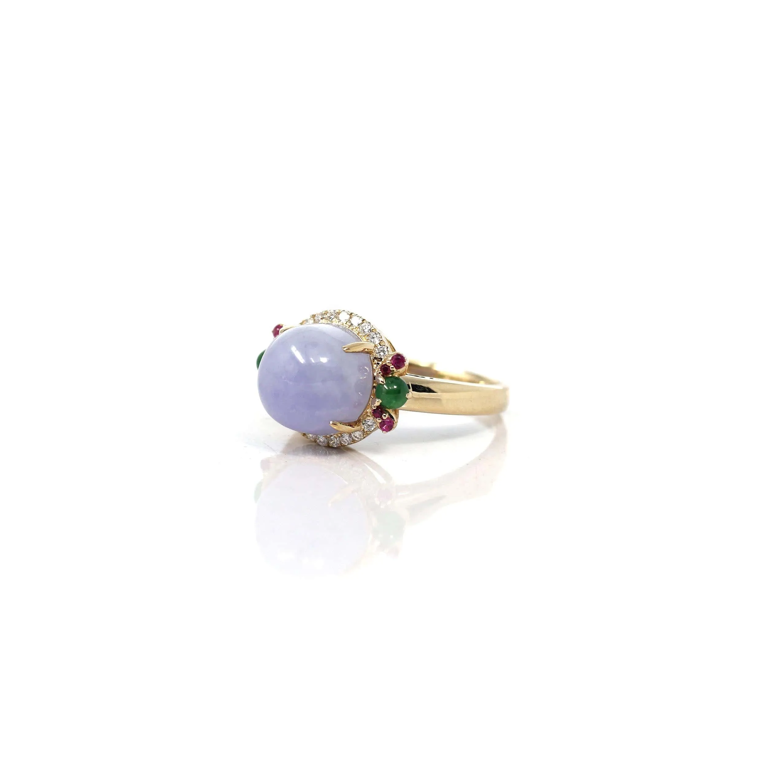 14k Yellow Gold Natural Rich Lavender Oval Jadeite Jade Engagement Ring With Diamonds