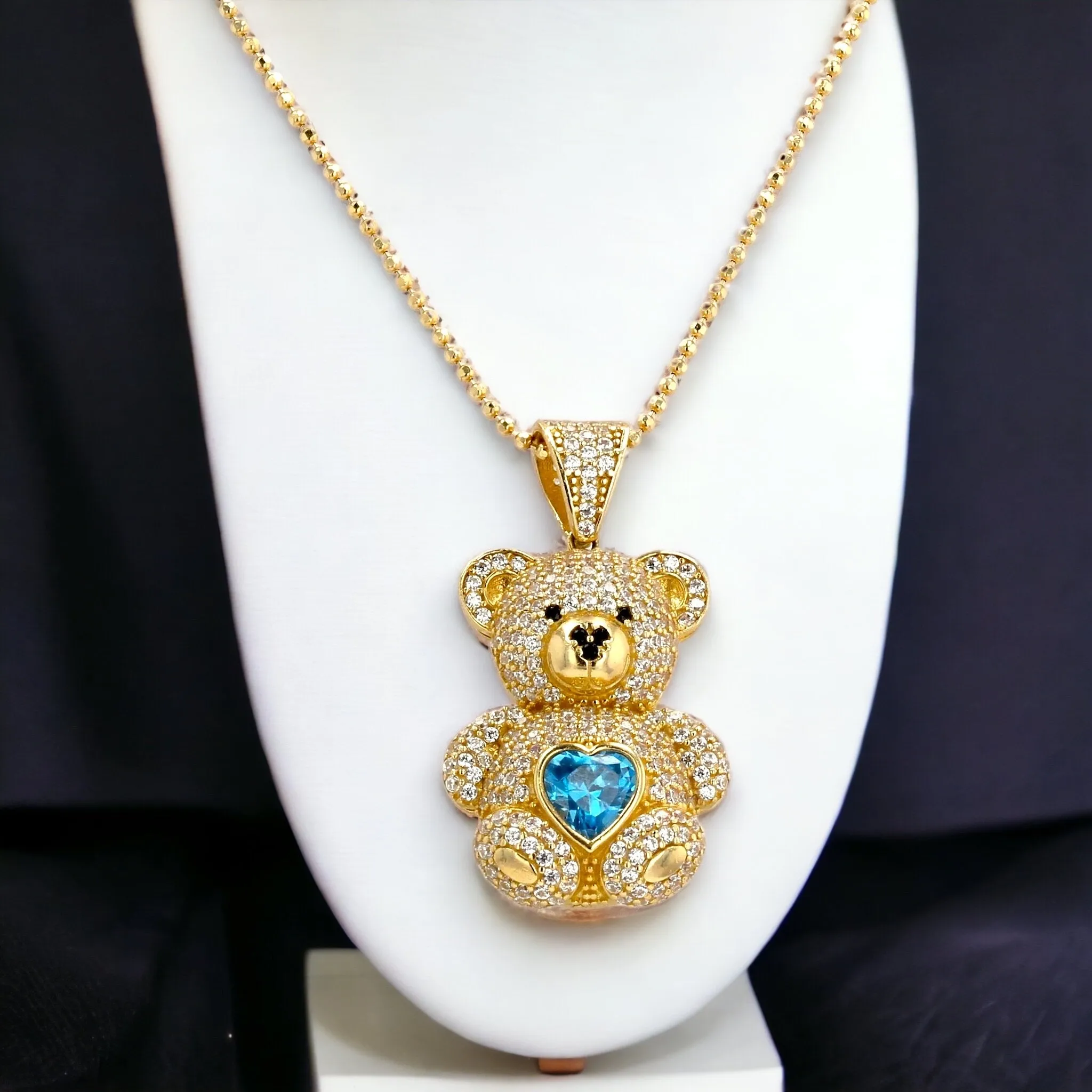 14k yellow gold set blue large teddy bear pendant