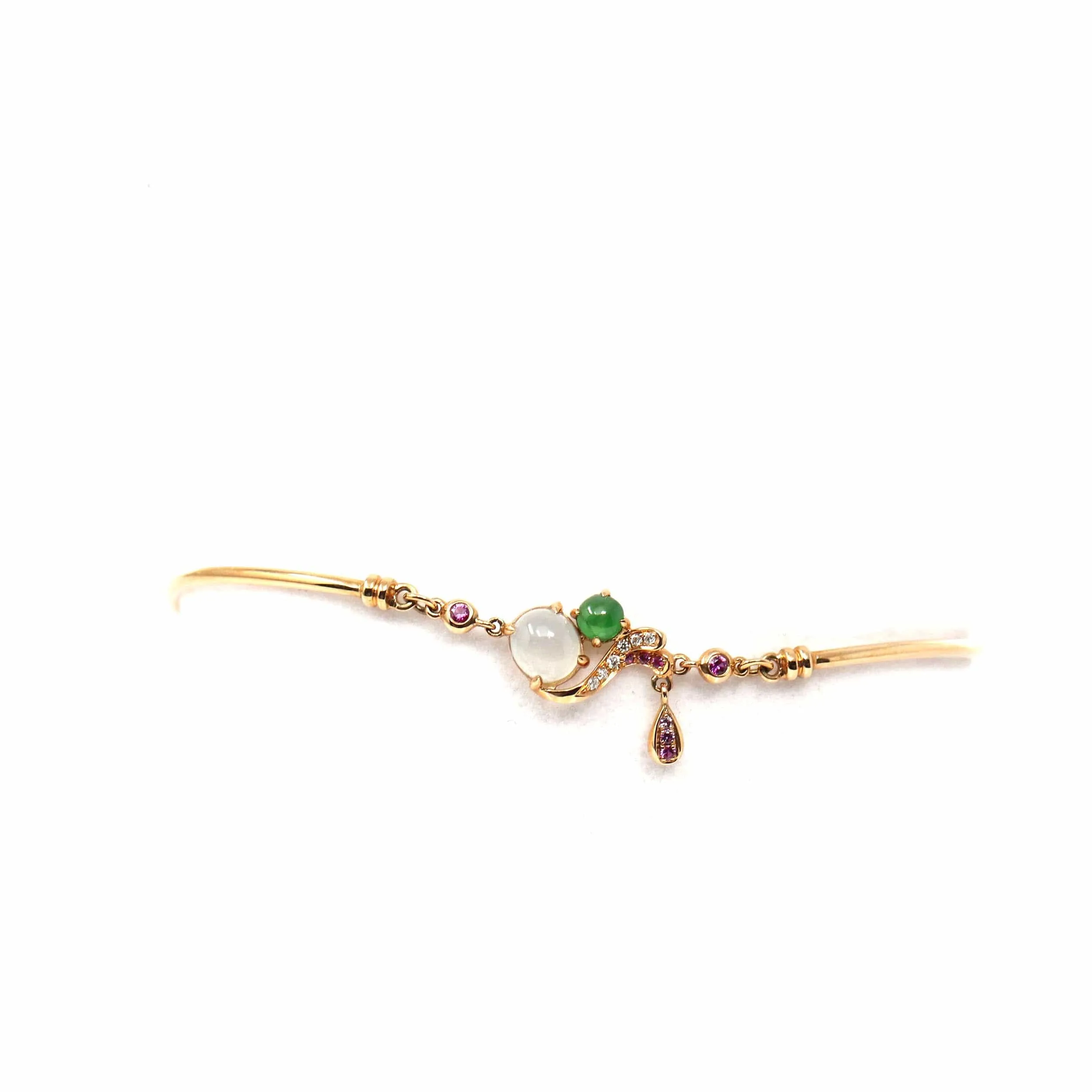 18k Rose Gold "Morning Glory" Half Bracelet Bangle with Green Imperial Jade & Diamonds