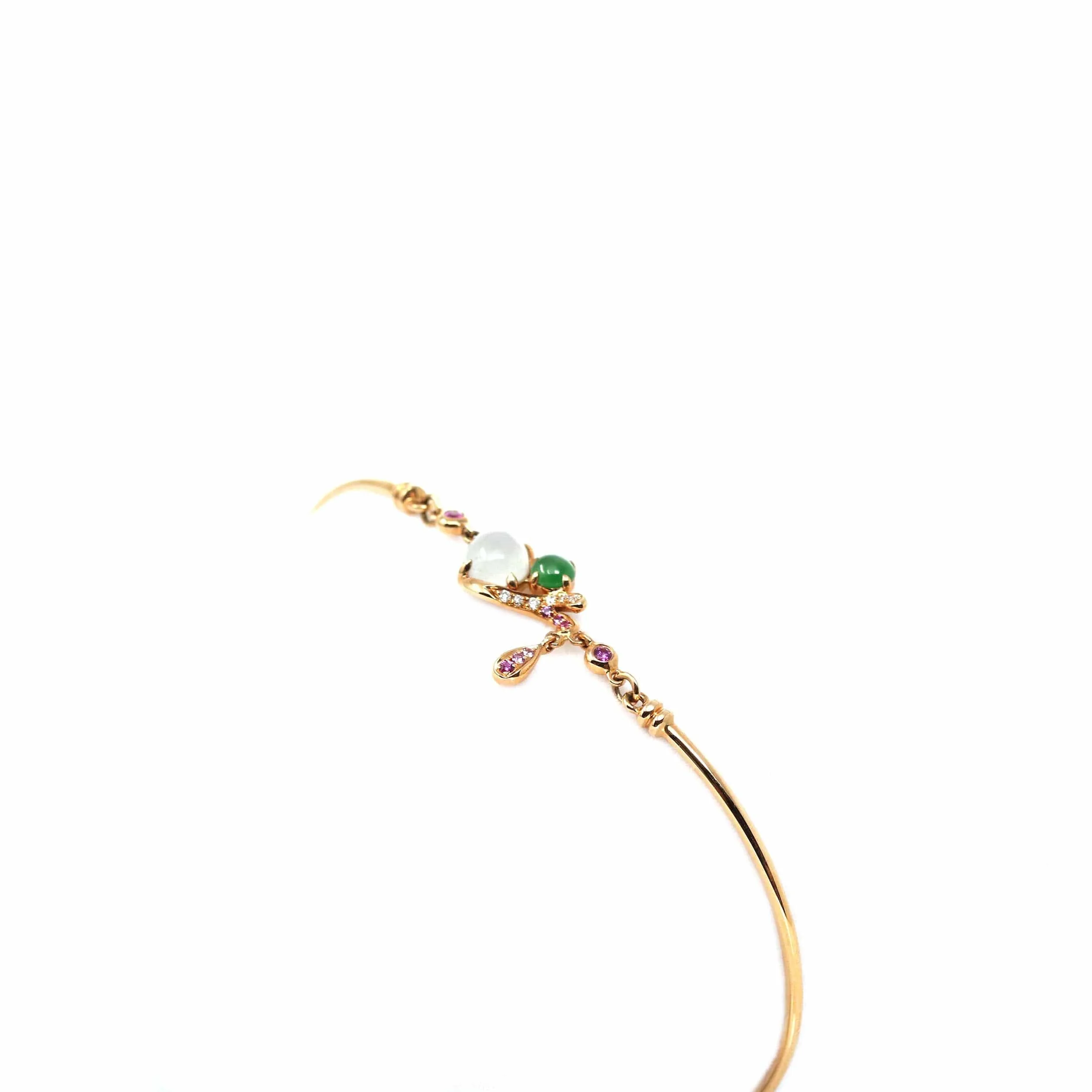 18k Rose Gold "Morning Glory" Half Bracelet Bangle with Green Imperial Jade & Diamonds