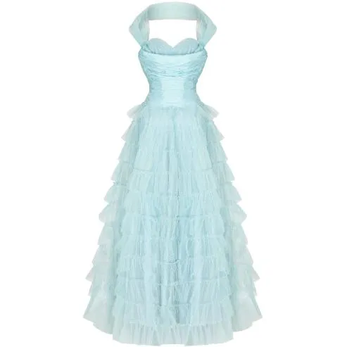 1950s Ruffle Turquoise Layered Tulle Net Halterneck Dress