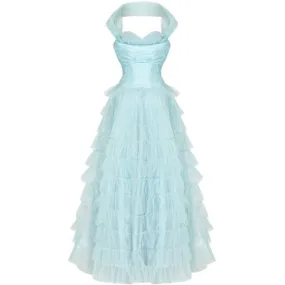 1950s Ruffle Turquoise Layered Tulle Net Halterneck Dress