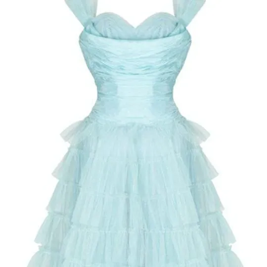 1950s Ruffle Turquoise Layered Tulle Net Halterneck Dress