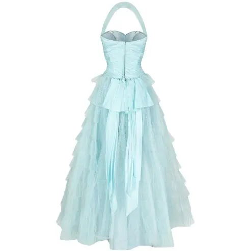 1950s Ruffle Turquoise Layered Tulle Net Halterneck Dress