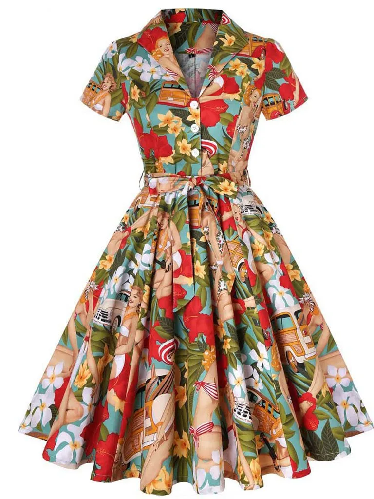 1960S Floral Print Swing Vintage Dress With Belt