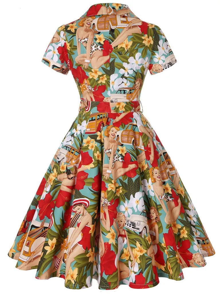 1960S Floral Print Swing Vintage Dress With Belt