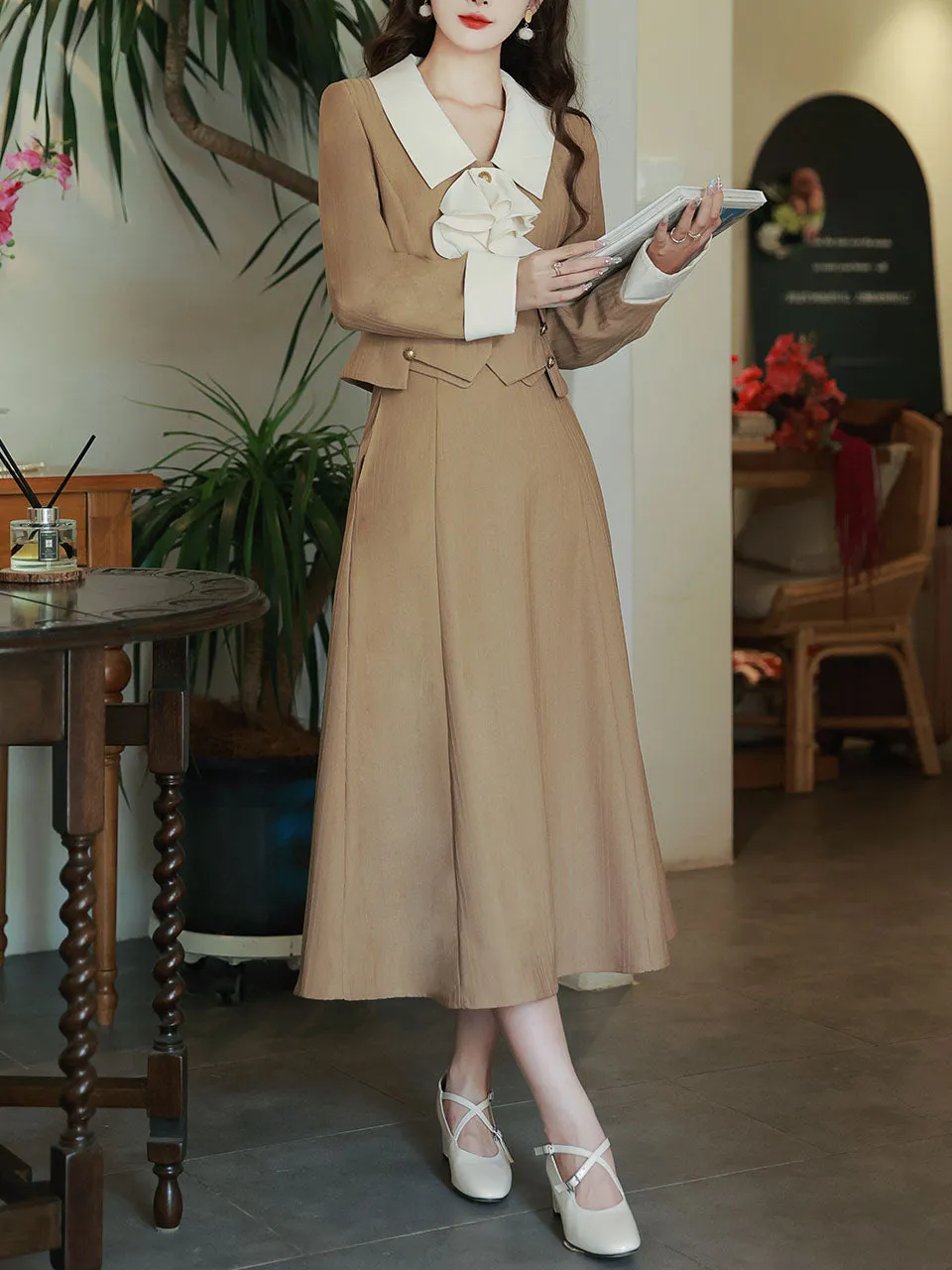 2PS Khaki Cascade Collar Coat and Swing Skirt Vintage 1950S Dress Suit