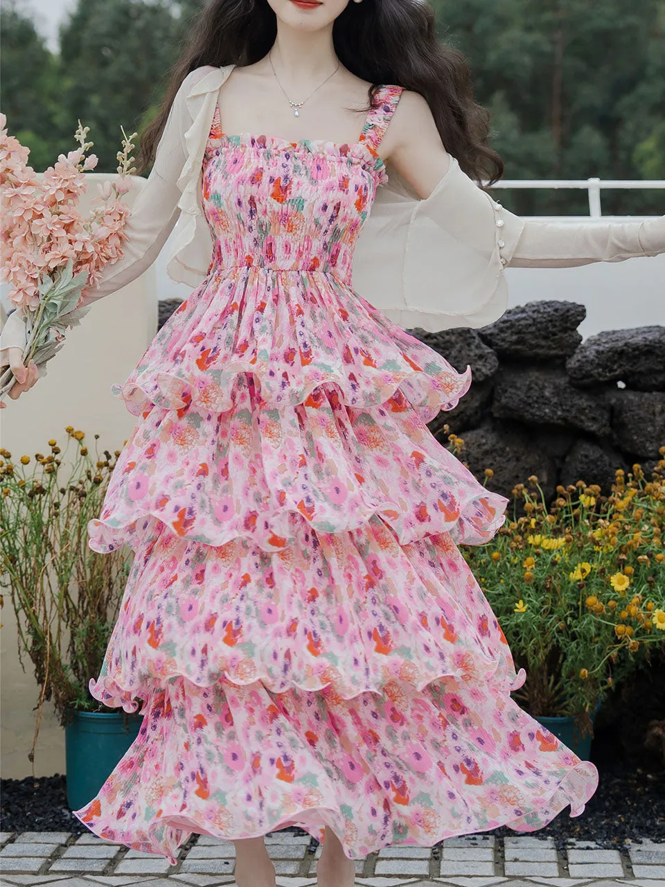 2PS Pink Floral Print Ruffles Strap Dress With White Cardigan