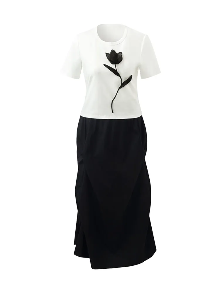 3D Rose T-Shirt And Ruched Skirt Two-Piece Set