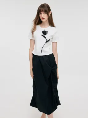 3D Rose T-Shirt And Ruched Skirt Two-Piece Set