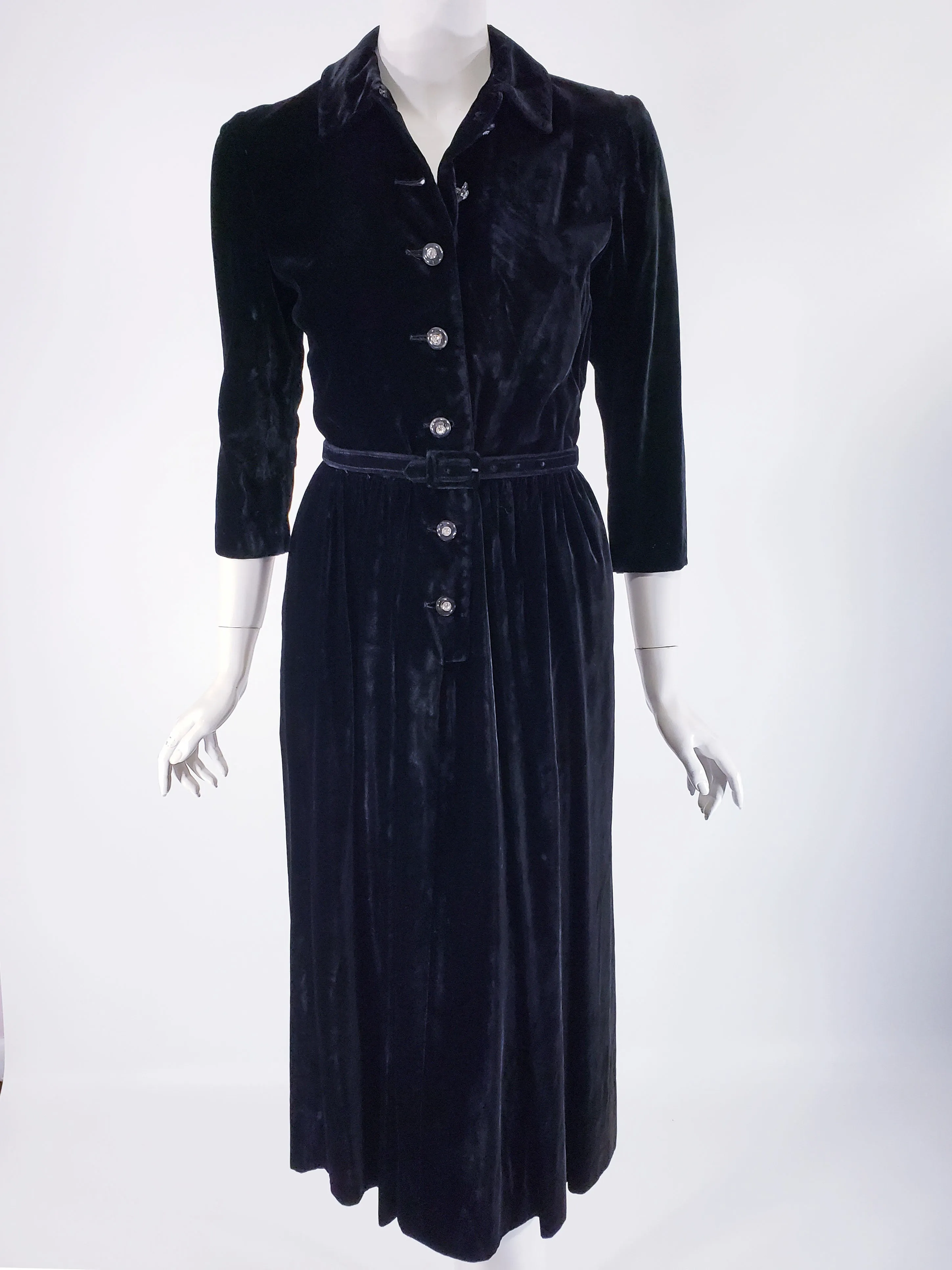 40s Black Velvet Shirtwaist Dress - sm