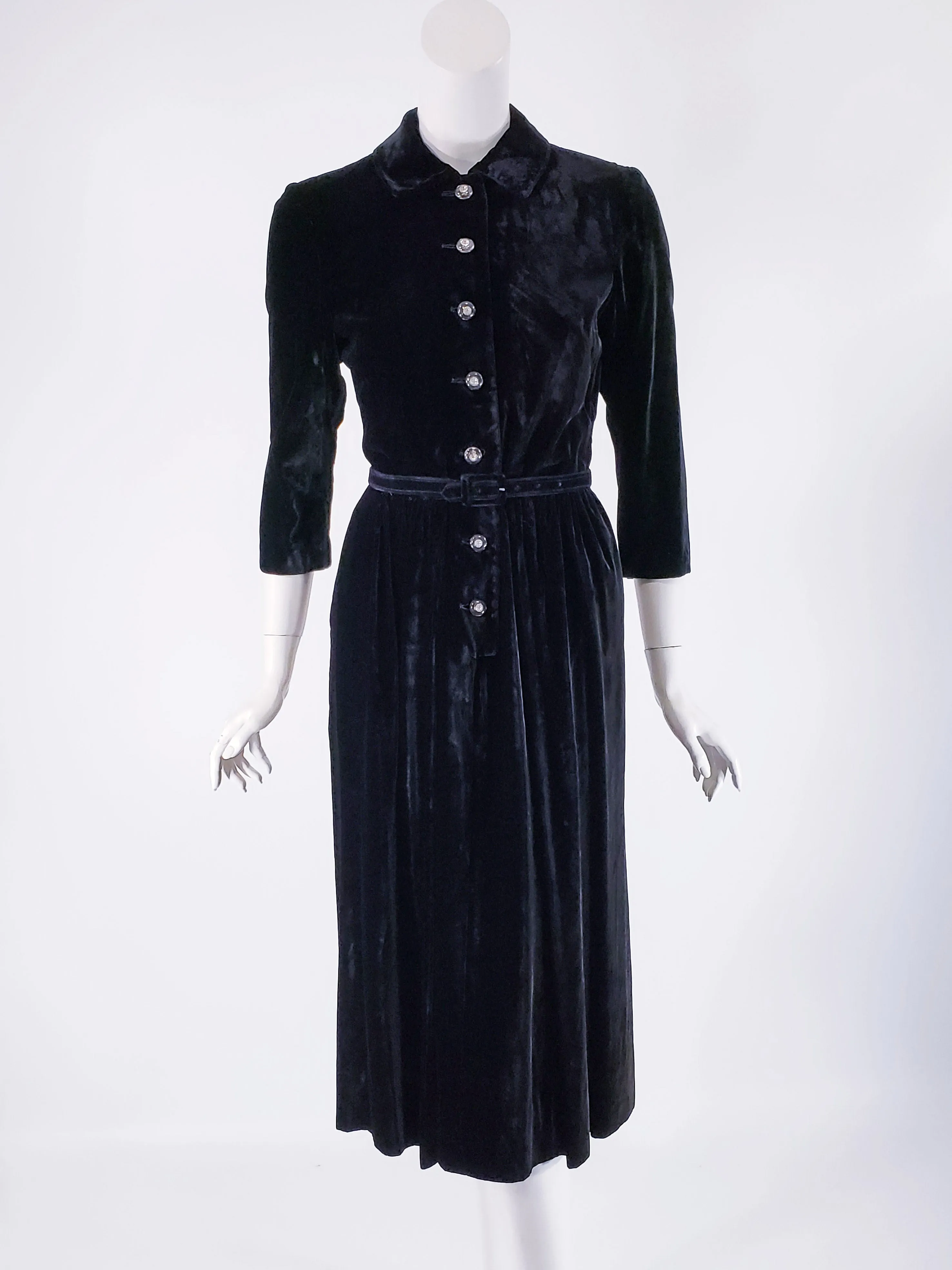 40s Black Velvet Shirtwaist Dress - sm