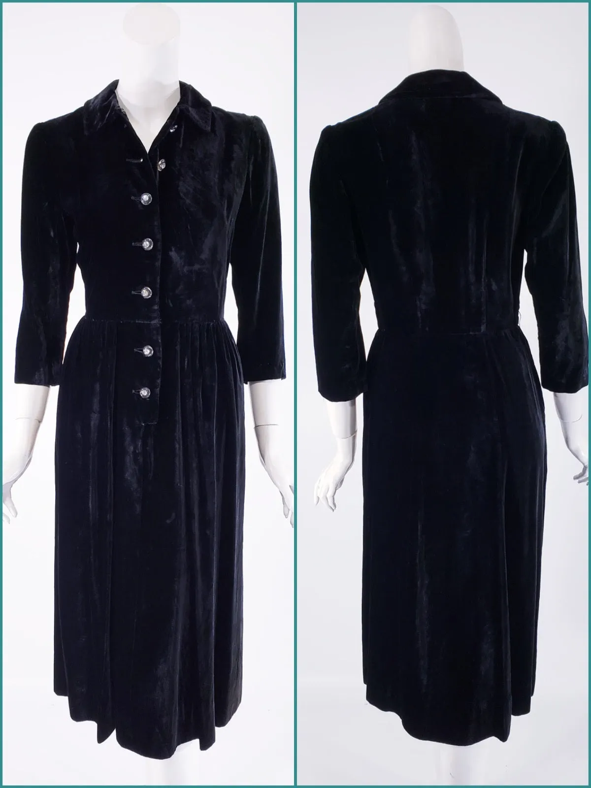 40s Black Velvet Shirtwaist Dress - sm