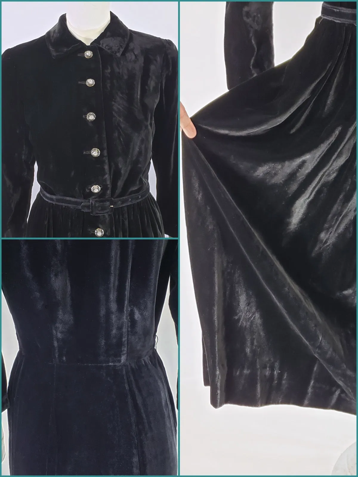 40s Black Velvet Shirtwaist Dress - sm