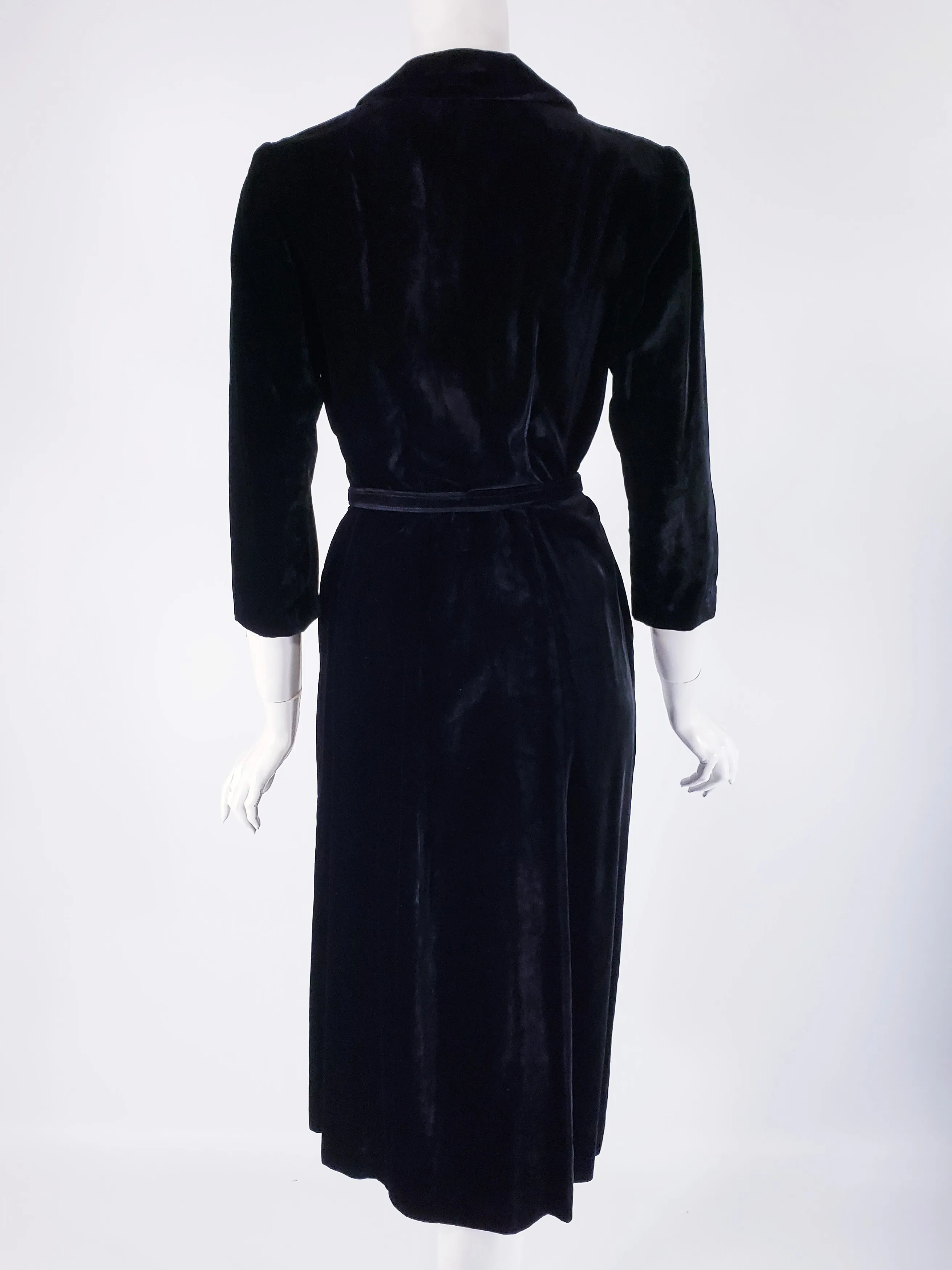 40s Black Velvet Shirtwaist Dress - sm