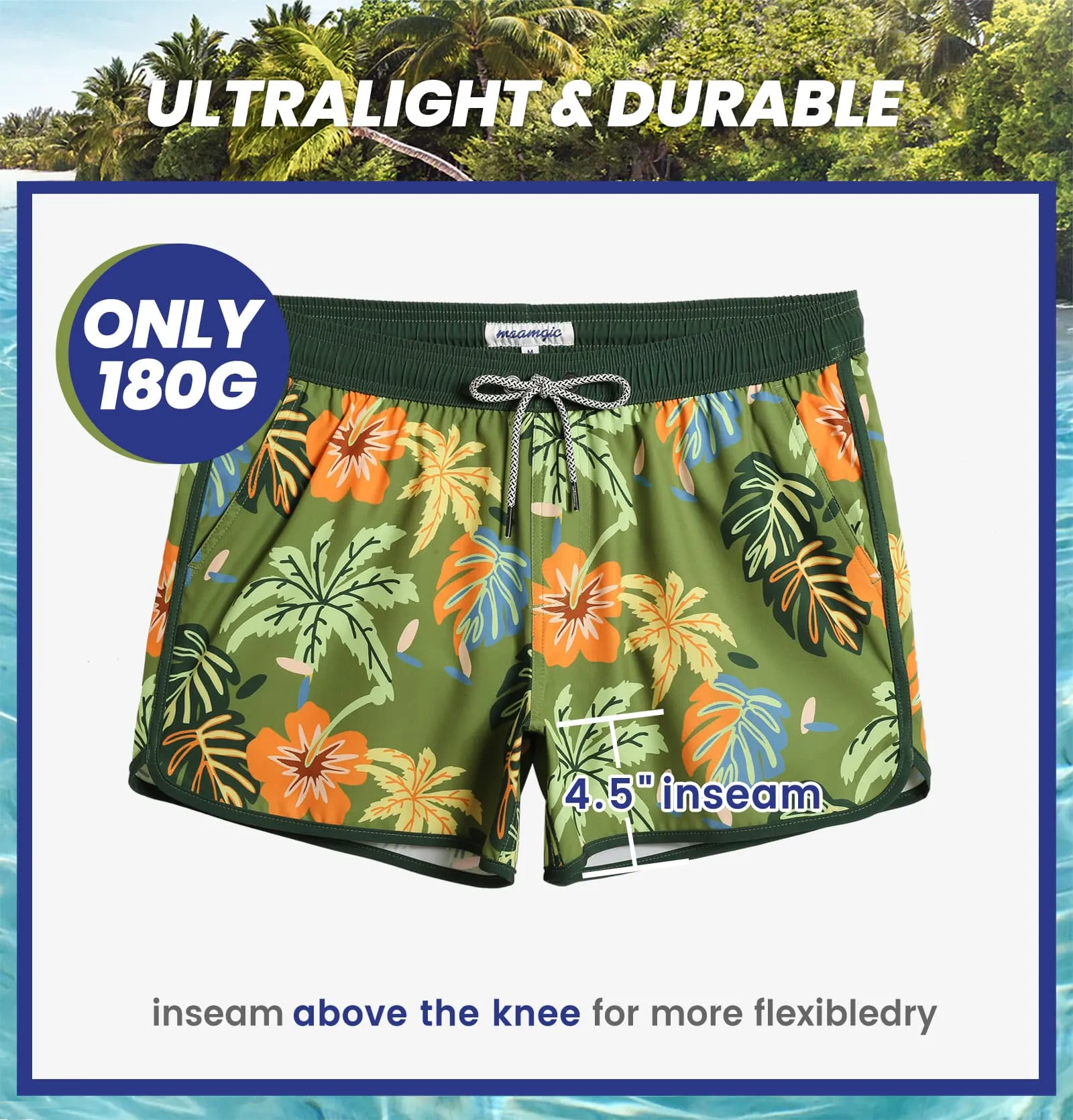 4.5 Inch Inseam Vintage Stretch Green Malaysia Swim Trunks