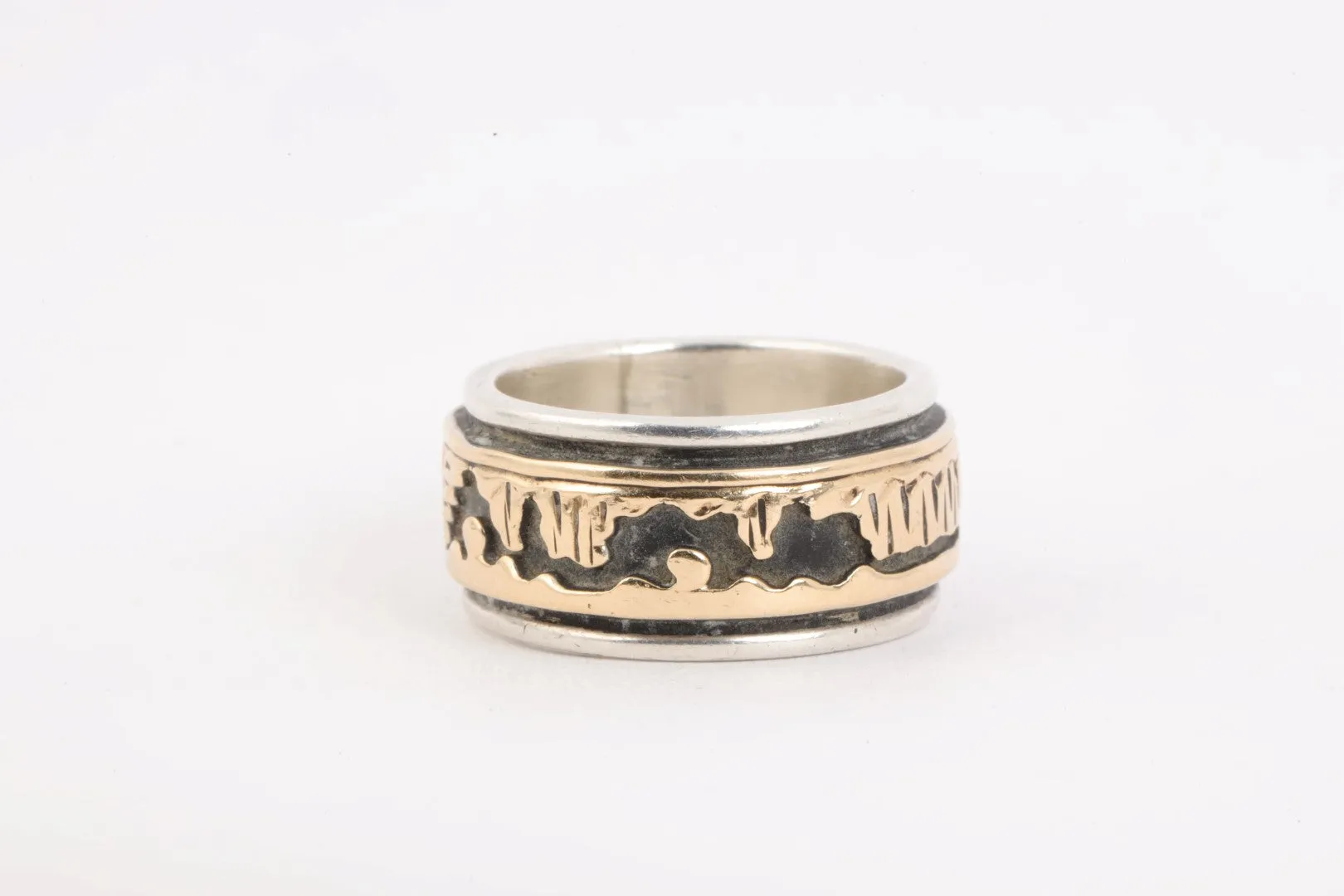 925 Silver 14k Yellow Gold Native Storyteller Ring Band Size 6.5 (11.54g.)