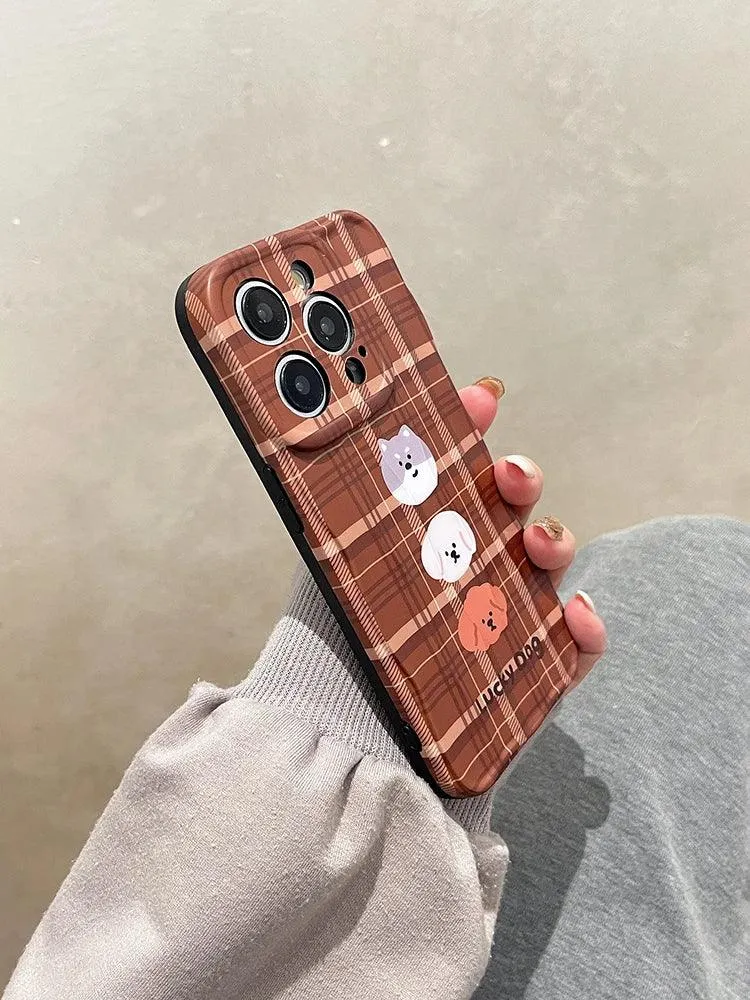 ACPC227 Cute Phone Case For iPhone 15, 14, 13, 12, and 11 Pro Max - Lucky Dog - Brown Plaid Cover