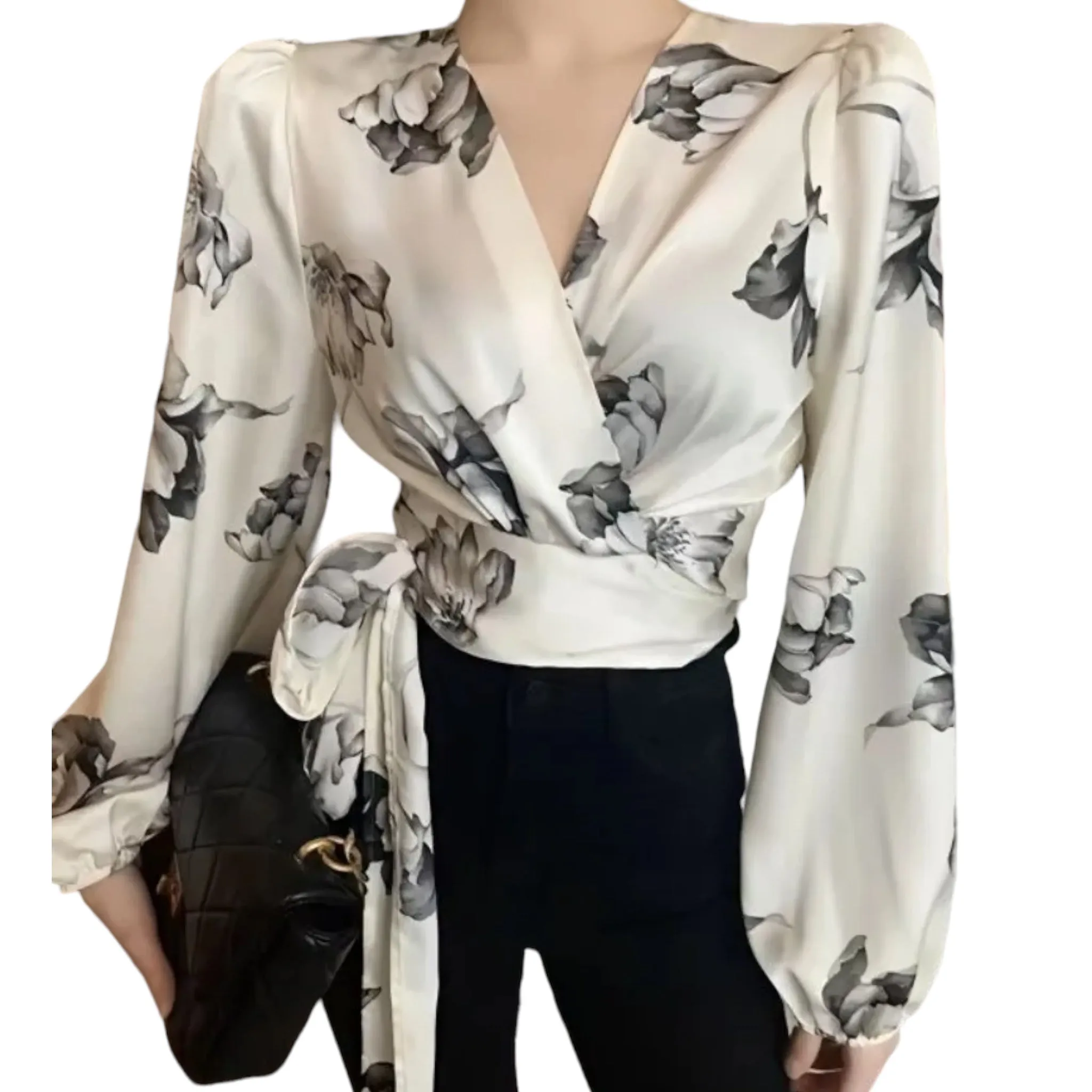 Années 30 Blouse Imprimée Floral Croisée