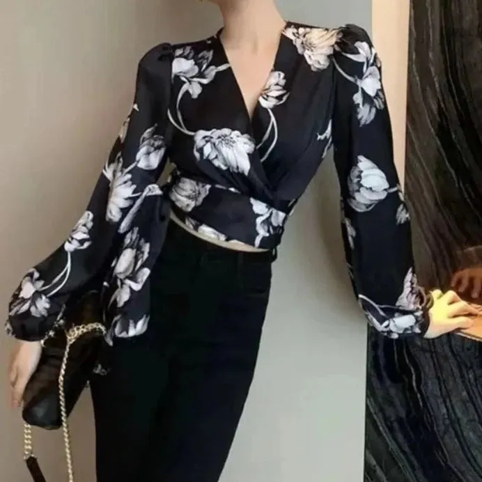 Années 30 Blouse Imprimée Floral Croisée