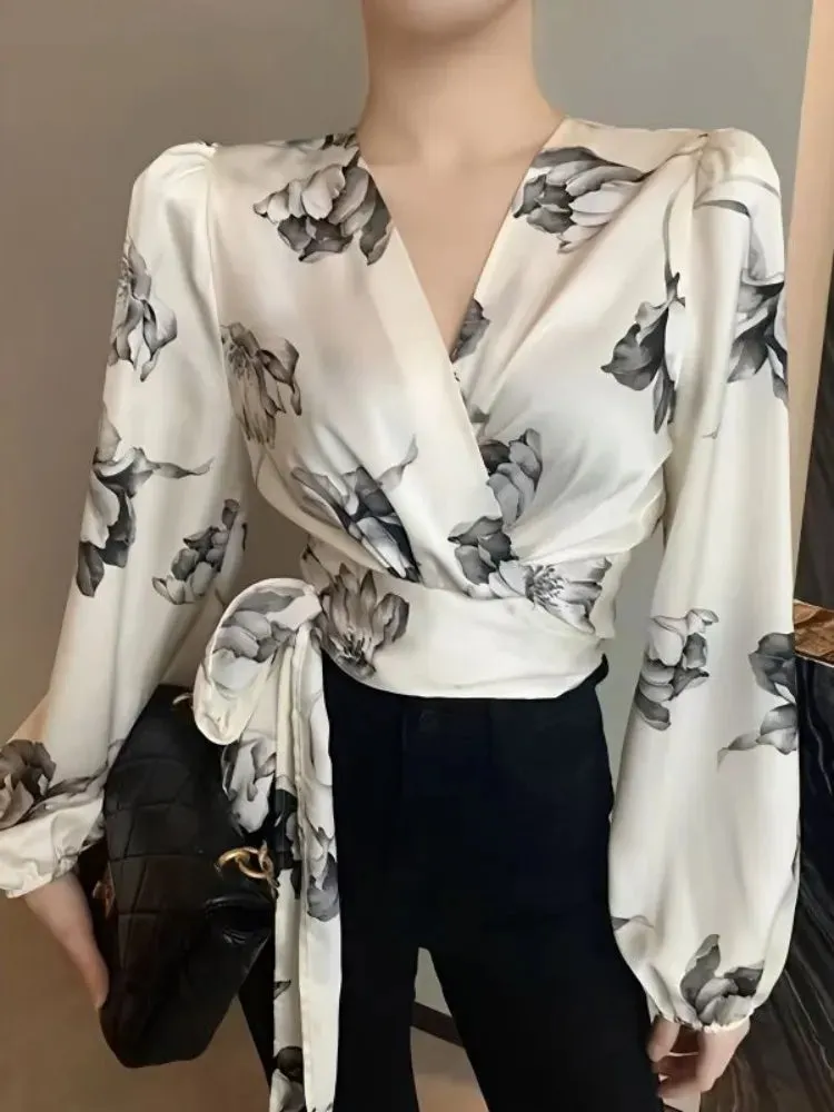 Années 30 Blouse Imprimée Floral Croisée