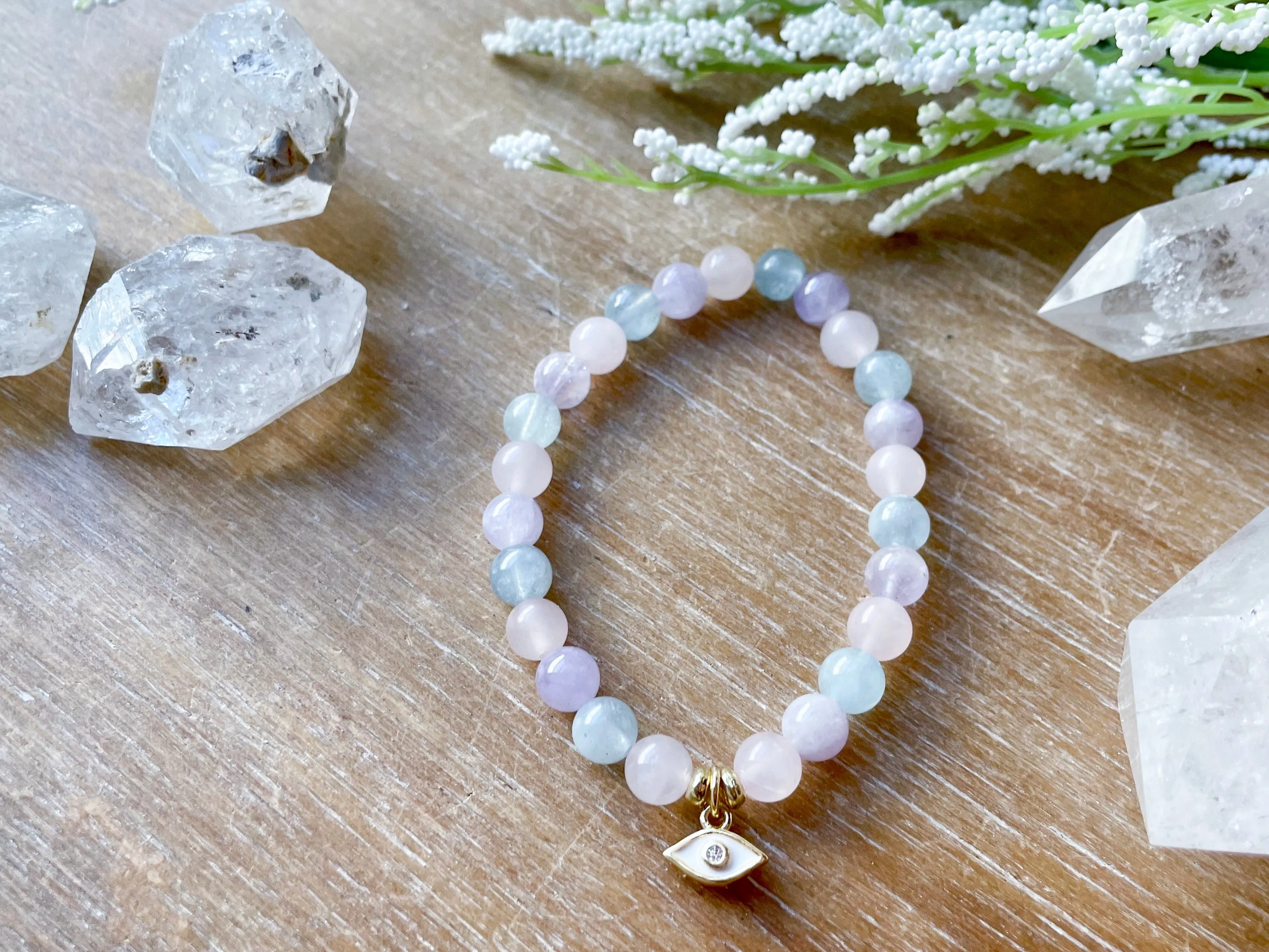 Aquamarine, Cave Amethyst & Rose Quartz Evil Eye Beaded Bracelet || Reiki Infused