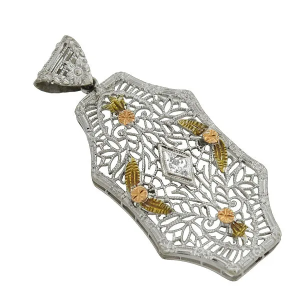 Art Deco 14kt Mixed Metals Diamond Filigree Pendant