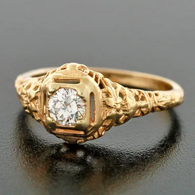 Art Deco 14kt Yellow Gold Diamond Engagement Ring .35ct