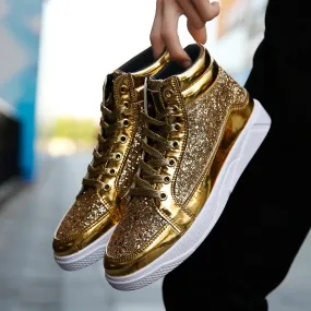 Ashore Shop Men High Top Sneakers Male Ankle Boots Gold Luxury Glitter Shoes Streetwear