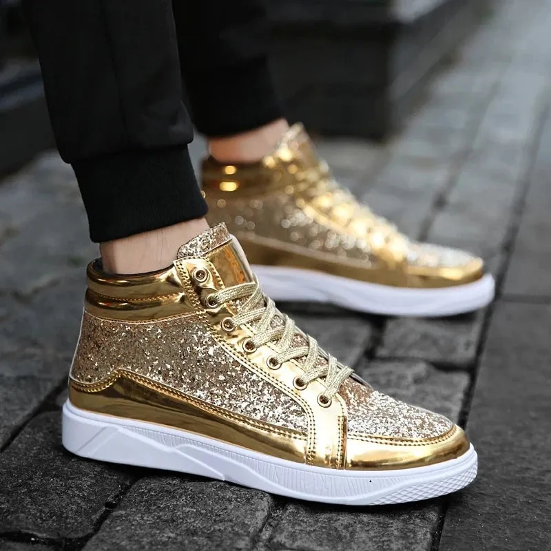 Ashore Shop Men High Top Sneakers Male Ankle Boots Gold Luxury Glitter Shoes Streetwear