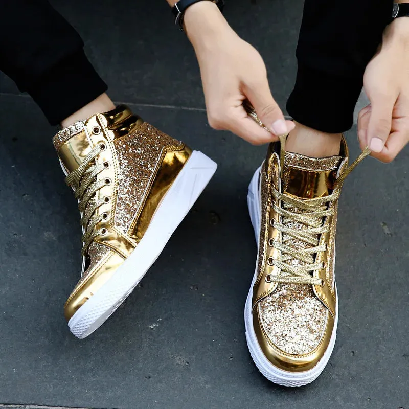 Ashore Shop Men High Top Sneakers Male Ankle Boots Gold Luxury Glitter Shoes Streetwear