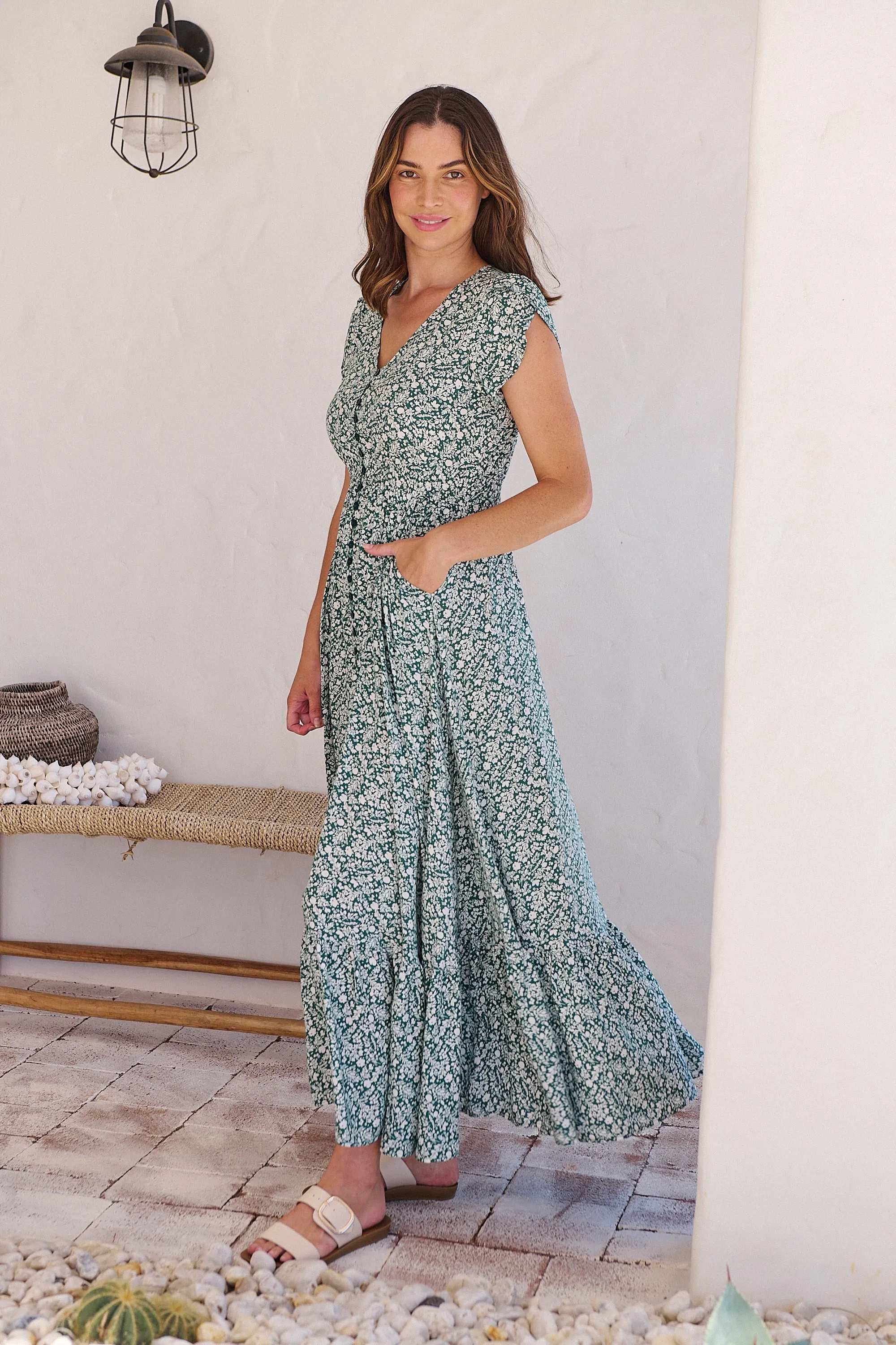 Augustina Button Front Green/White Floral Print Maxi Dress