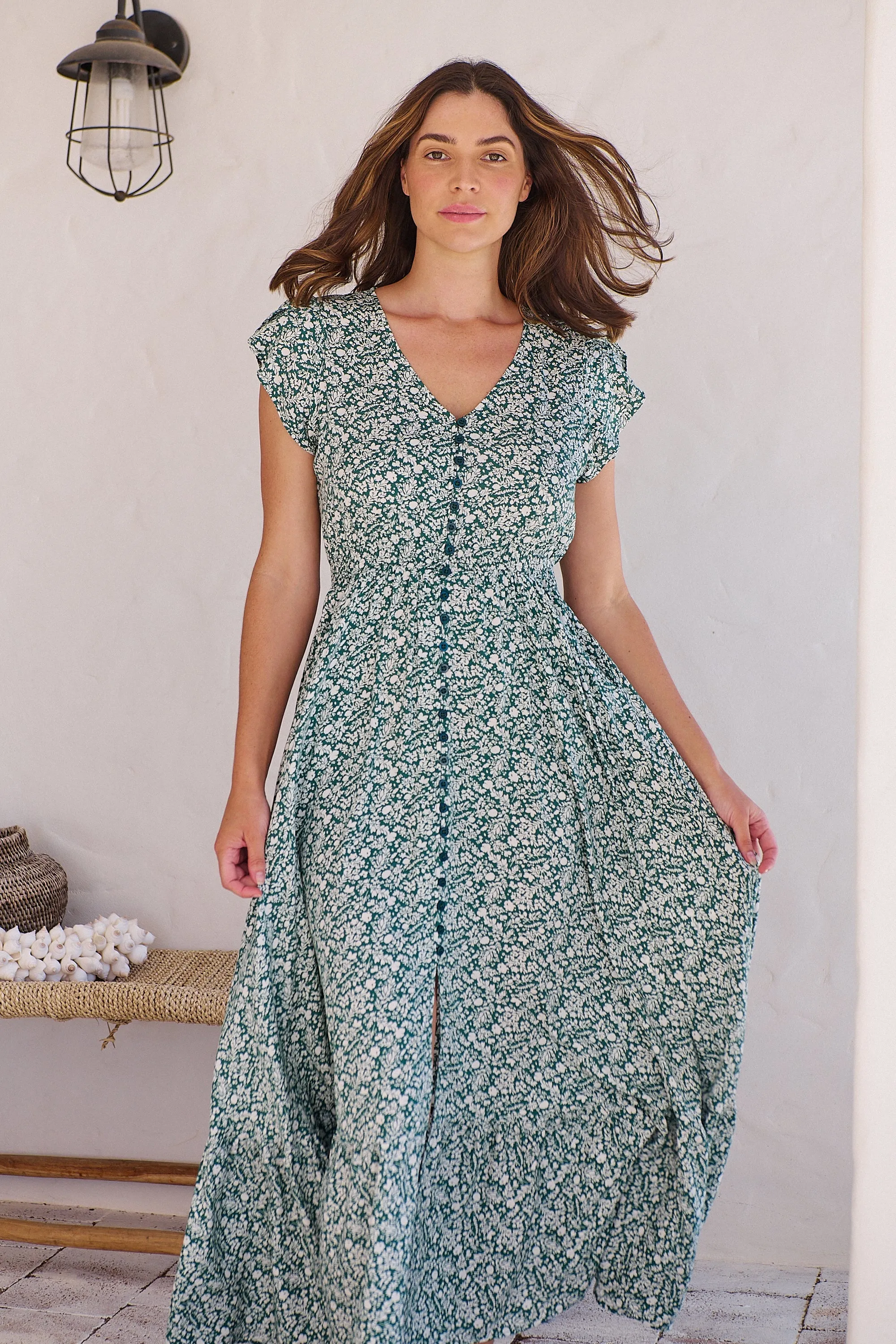 Augustina Button Front Green/White Floral Print Maxi Dress