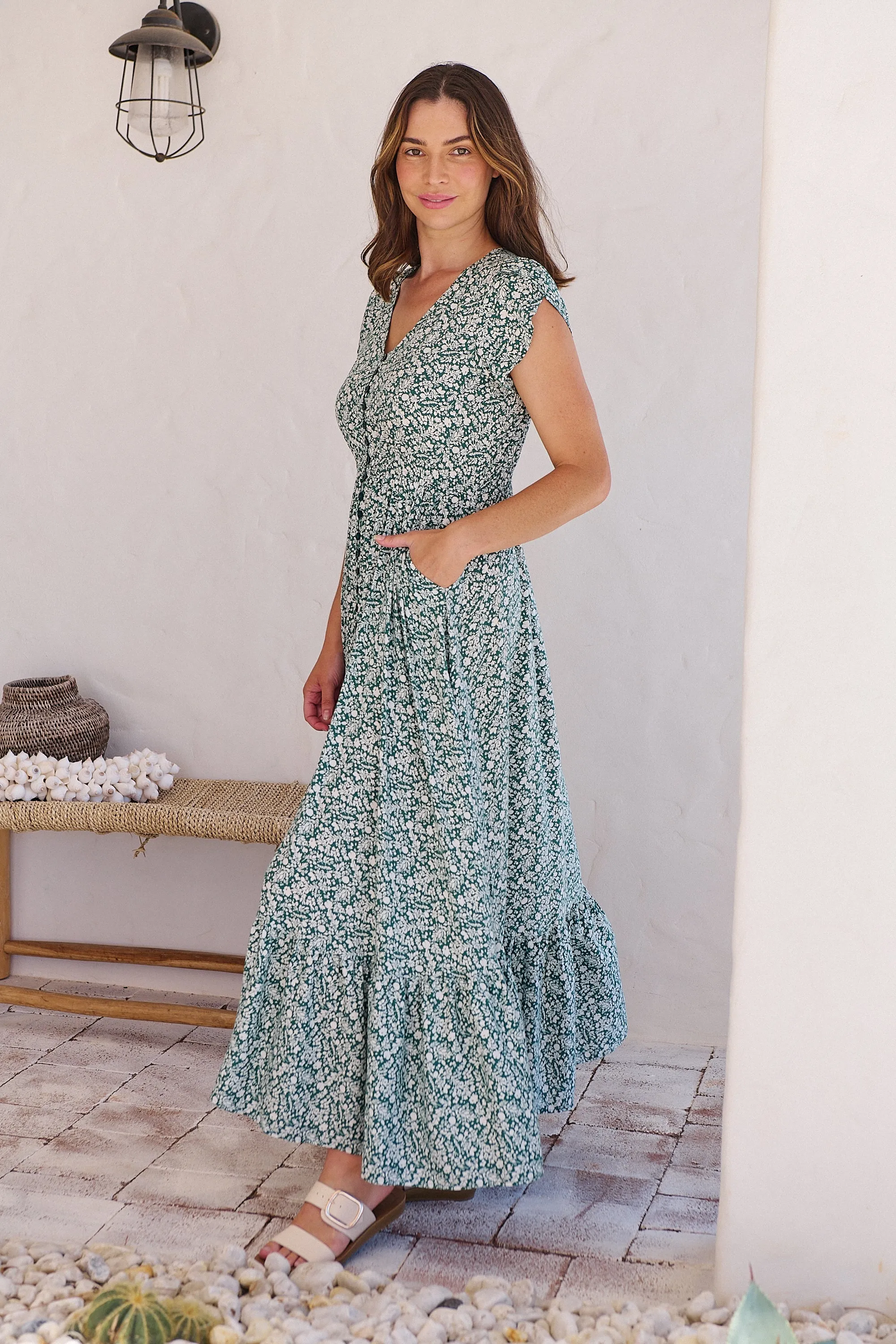 Augustina Button Front Green/White Floral Print Maxi Dress