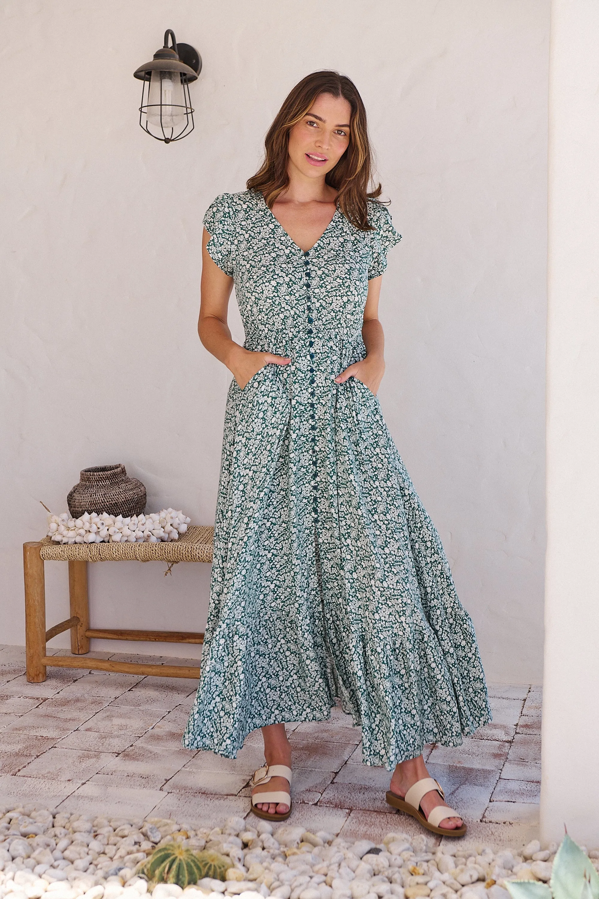 Augustina Button Front Green/White Floral Print Maxi Dress