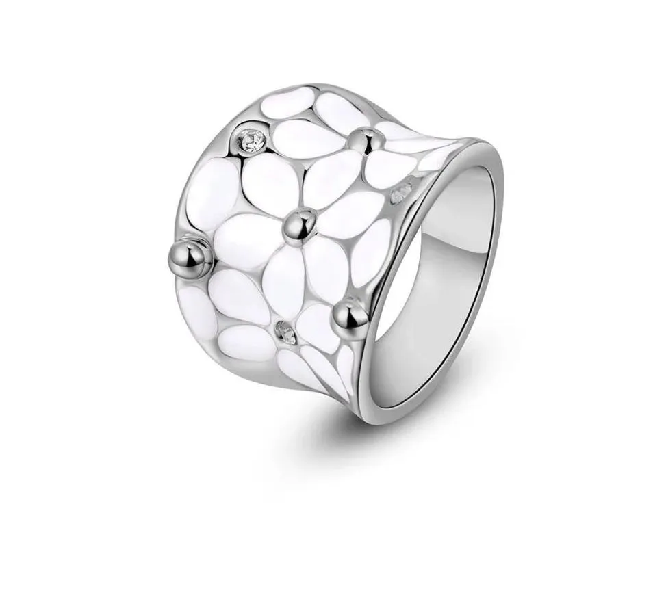 Austrian Crystal white flower enamel work ring - 2 Colors