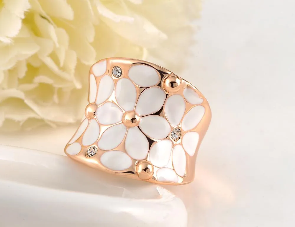 Austrian Crystal white flower enamel work ring - 2 Colors