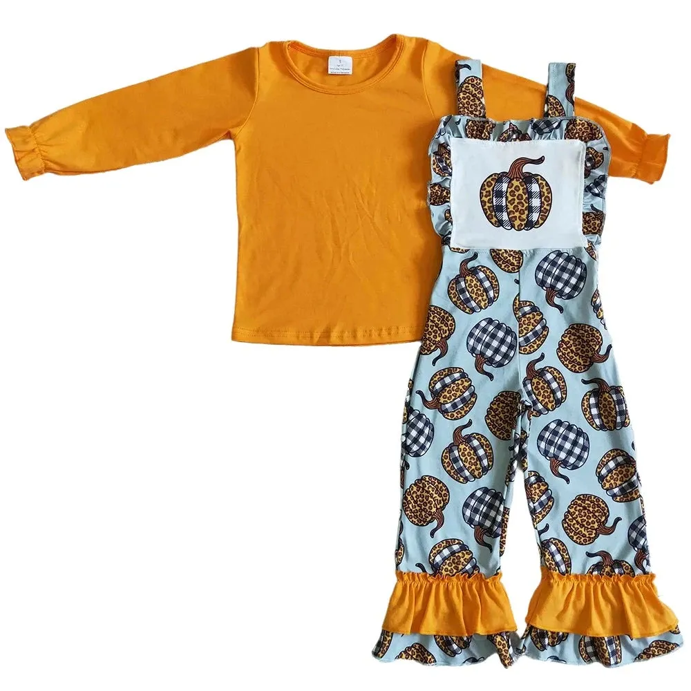 Autumn Pumpkin Overalls Outfit Western Leopard Kids