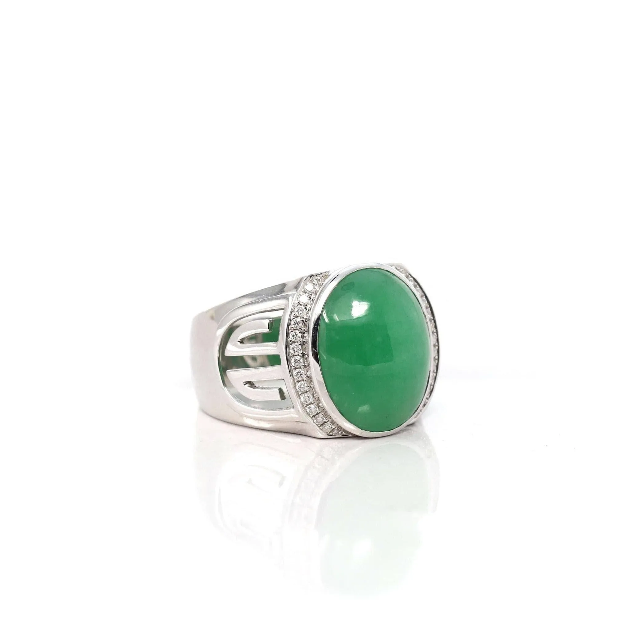 Baikalla 18k White Gold Natural Imperial Green Jadeite Jade Men's Signet Ring