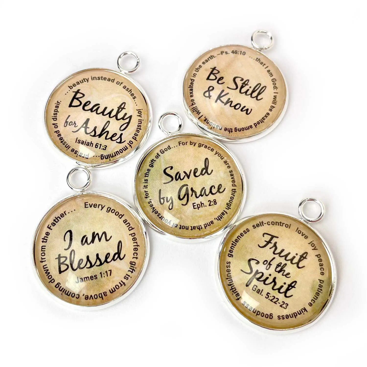 Be Still & Know, Fruit of the Spirit, Beauty for Ashes, Saved By Grace, Blessed – Scripture Charm Set for Jewelry Making, 20mm, Silver, Gold