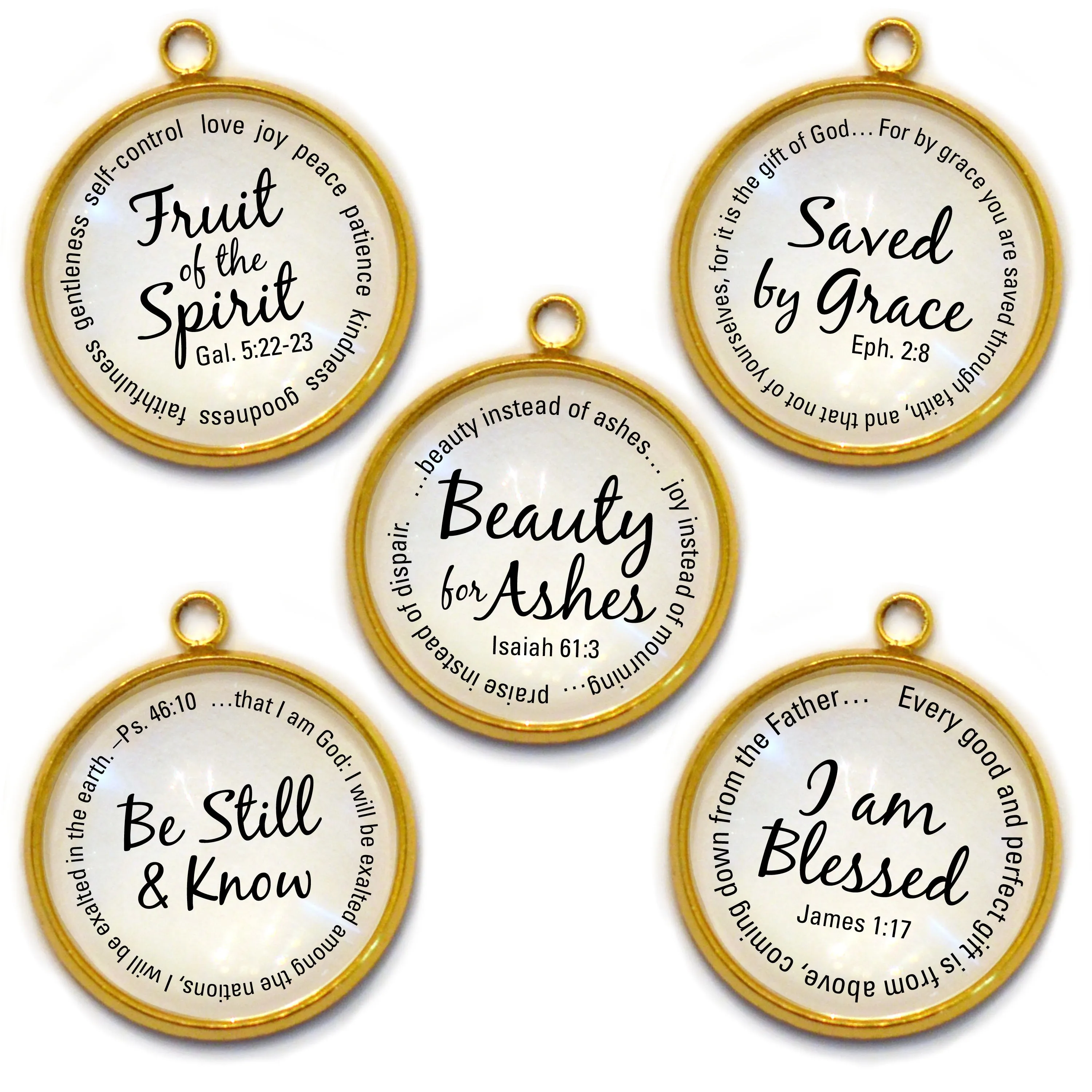 Be Still & Know, Fruit of the Spirit, Beauty for Ashes, Saved By Grace, Blessed – Scripture Charm Set for Jewelry Making, 20mm, Silver, Gold