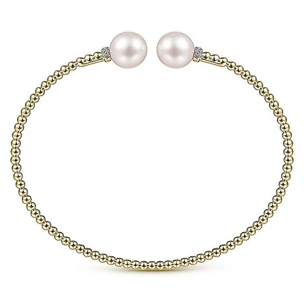 Beaded Bujukan Pearl Split Bracelet, Diamond Caps, - 6.5", 14k Yellow Gold, 3.2mm