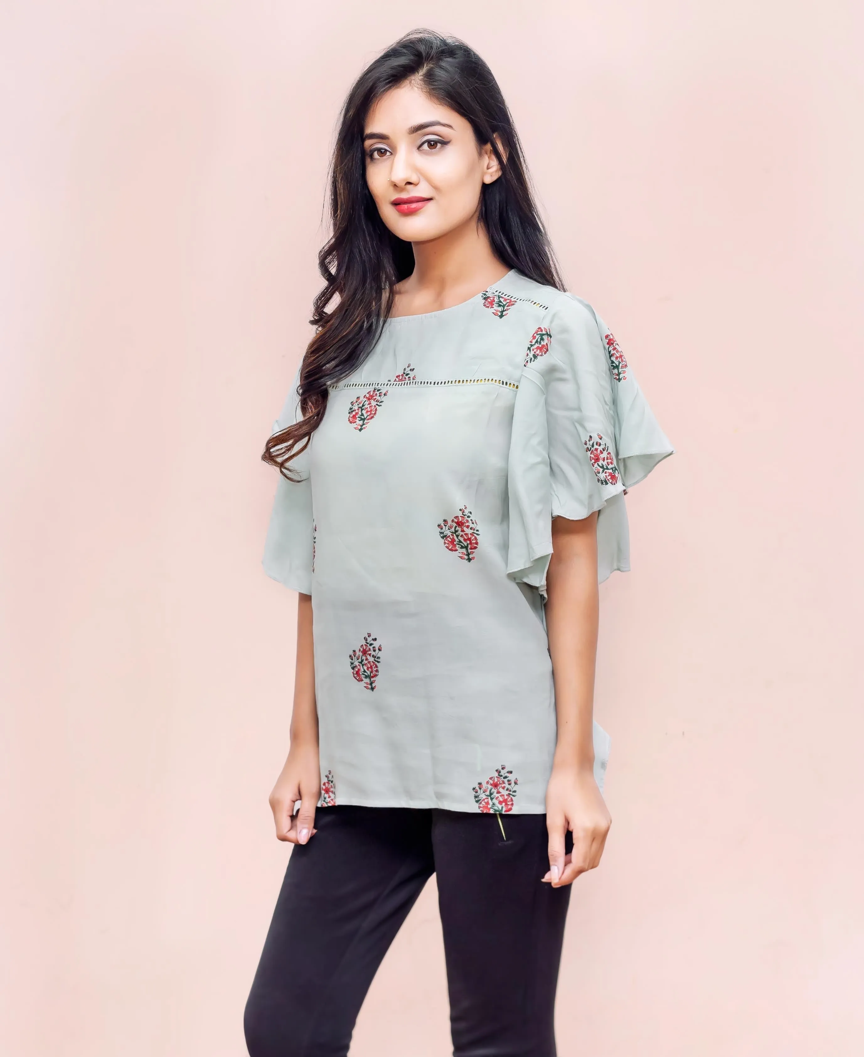 Bell Sleeves Rayon Hand Block Printed Top