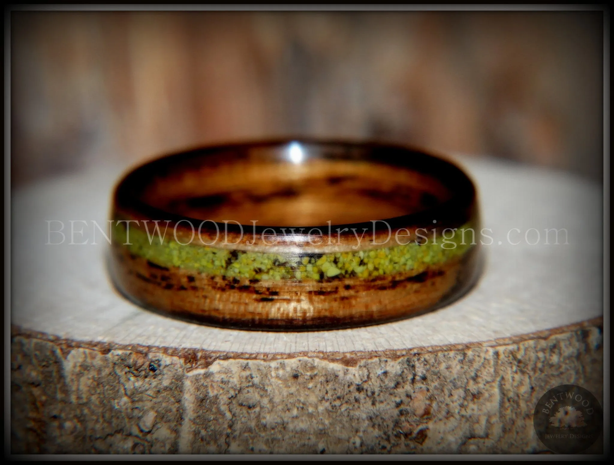 Bentwood Ring - Inlaid Ole Smoky Olive Wood Ring with Green Apple Turquoise Inlay