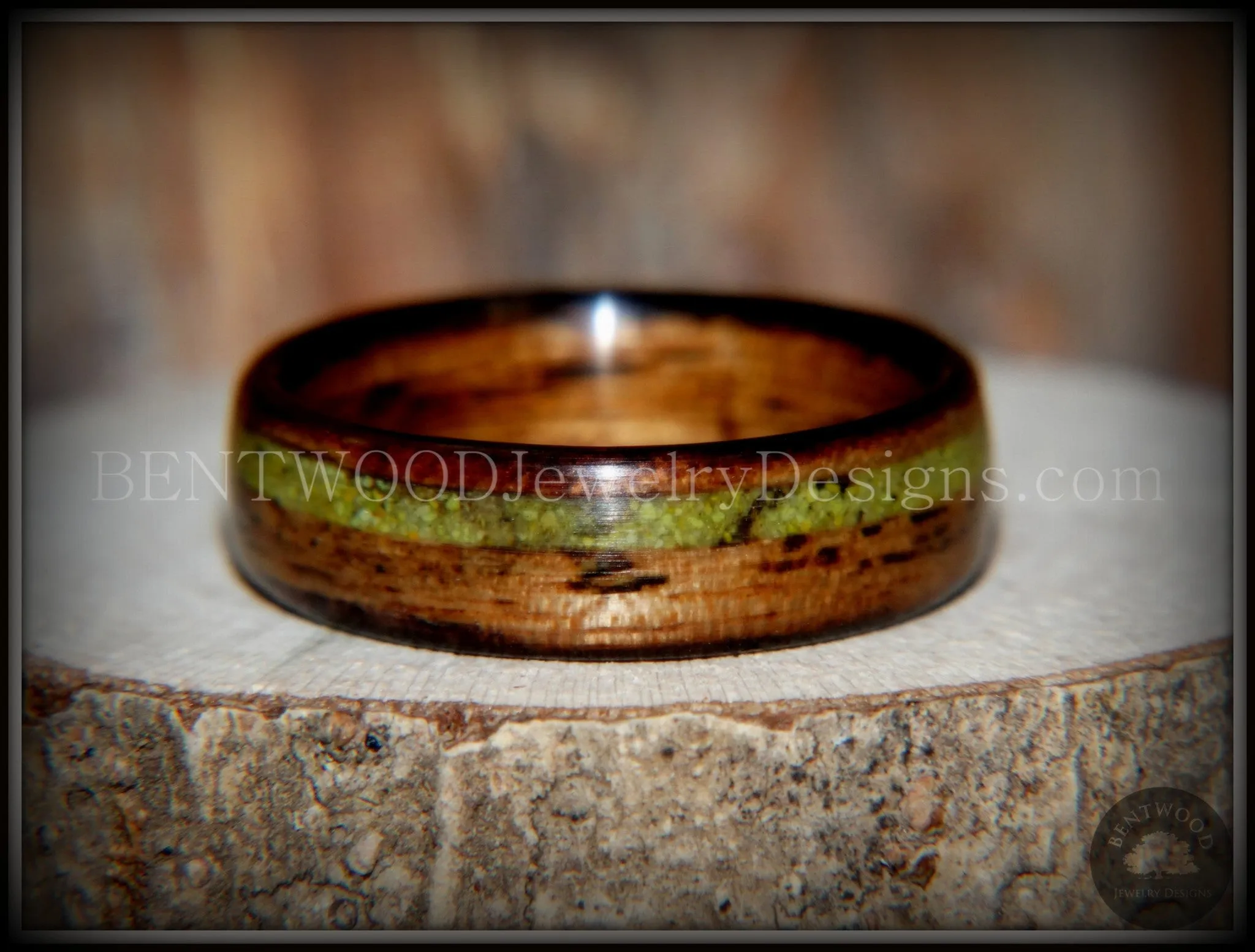 Bentwood Ring - Inlaid Ole Smoky Olive Wood Ring with Green Apple Turquoise Inlay