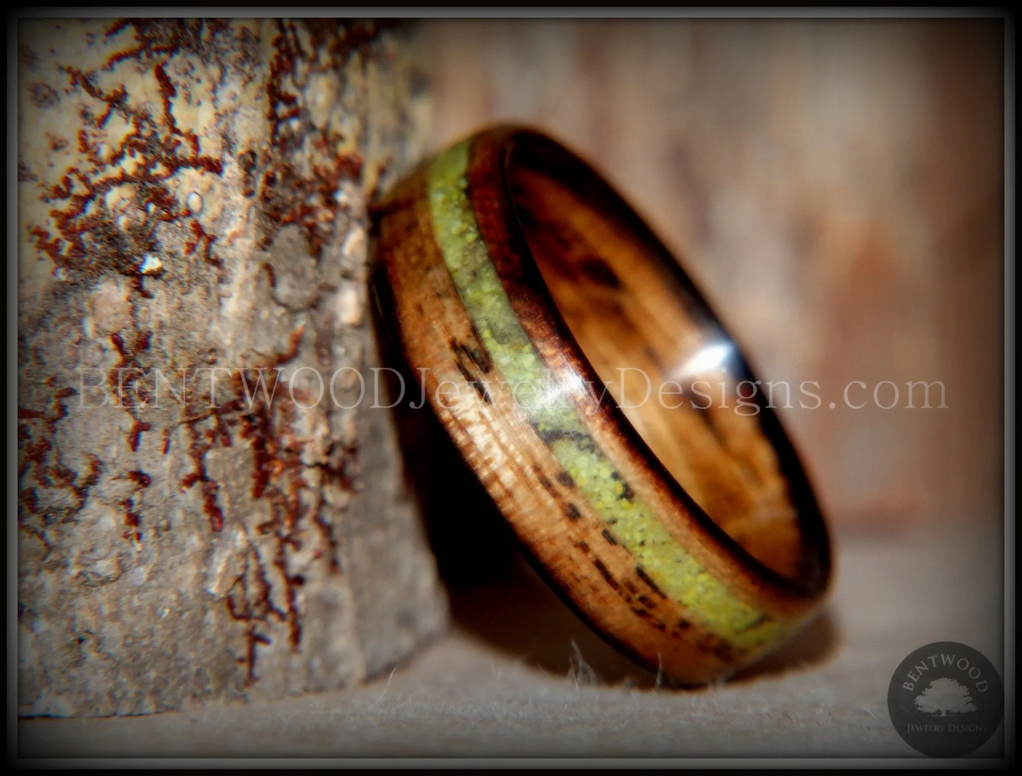 Bentwood Ring - Inlaid Ole Smoky Olive Wood Ring with Green Apple Turquoise Inlay