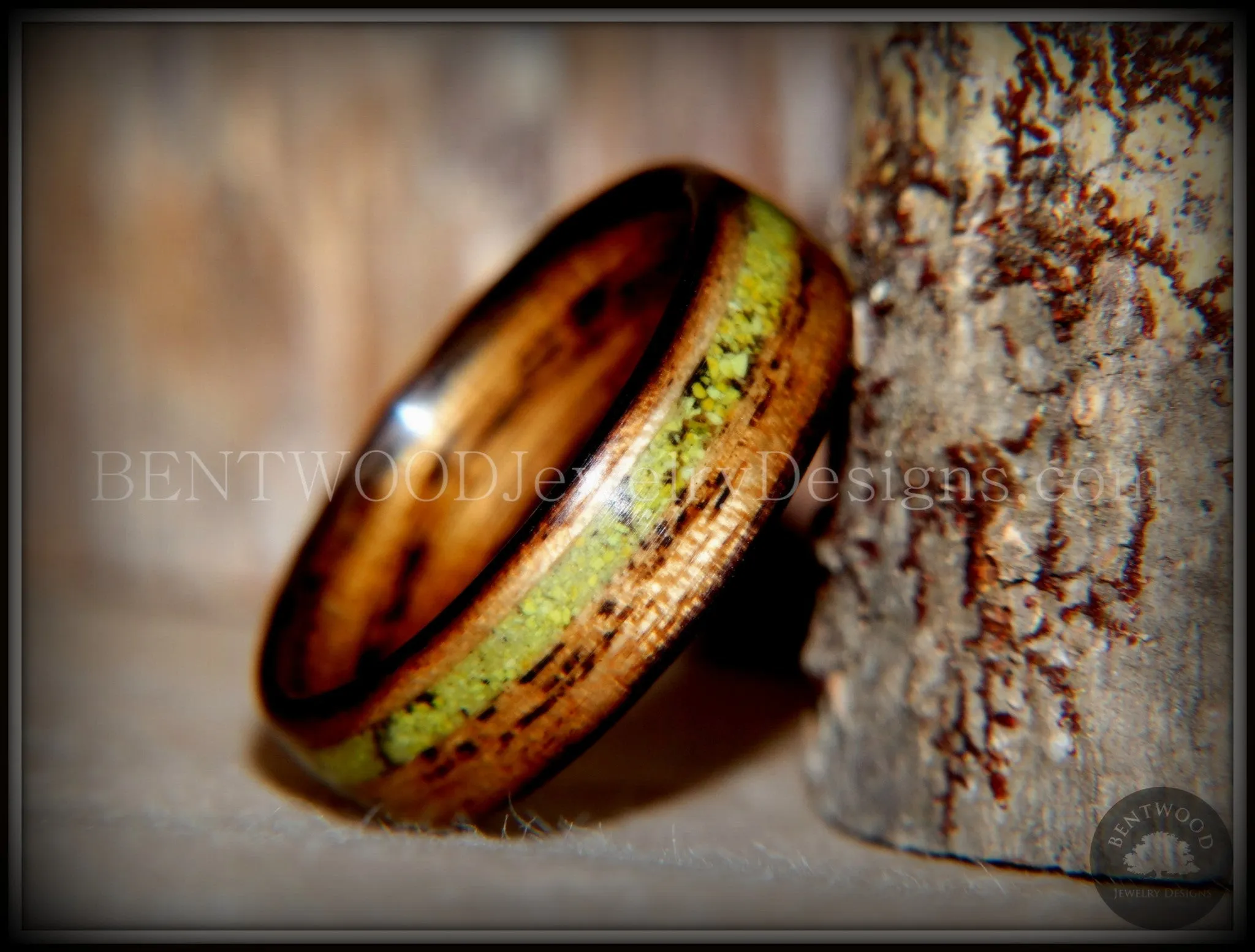 Bentwood Ring - Inlaid Ole Smoky Olive Wood Ring with Green Apple Turquoise Inlay