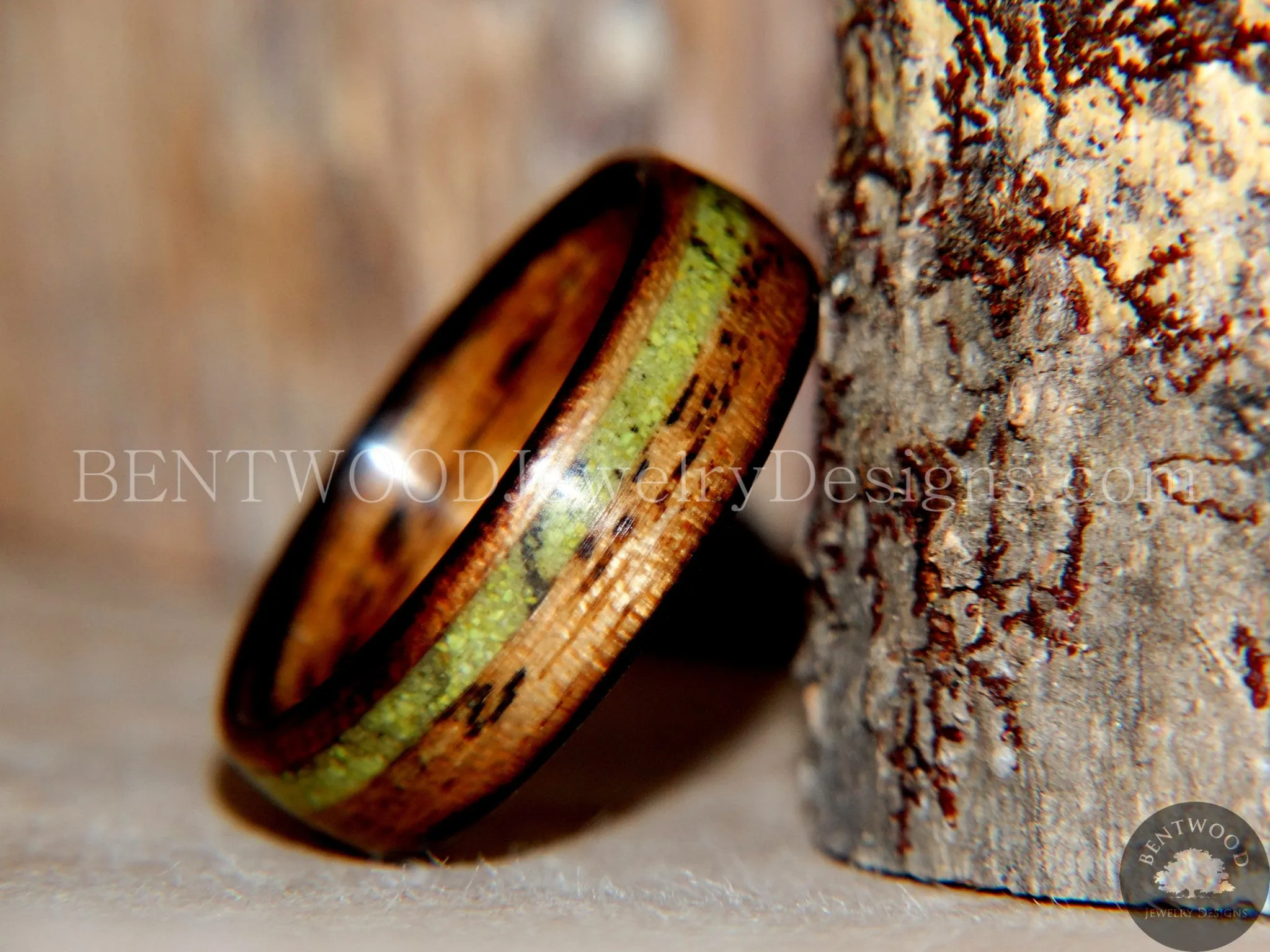 Bentwood Ring - Inlaid Ole Smoky Olive Wood Ring with Green Apple Turquoise Inlay